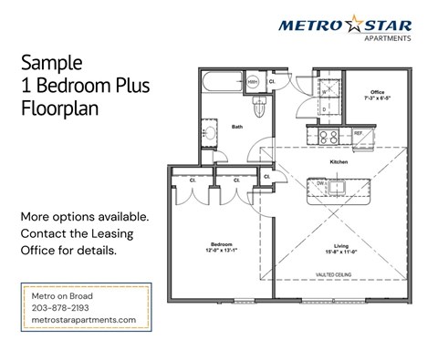 Floor plan for 1 bed, 1 bath, 910 sqft